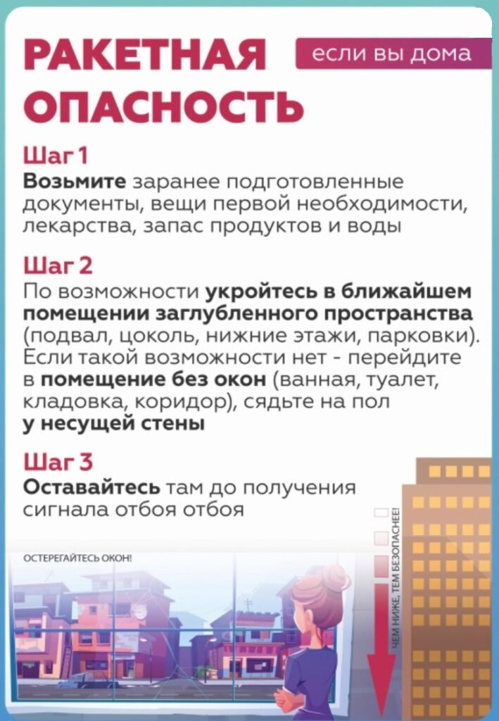 РАКЕТНАЯ ОПАСНОСТЬ
Шаг 1
Возьмите заранее подготовленные документы, вещи первой необходимости, лекарства, запас продуктов и воды
Шаг 2
По возможности укройтесь в ближайшем помещении заглубленного пространства (подвал, цоколь, нижние этажи, парковки). Если такой возможности нет — перейдите в помещение без окон (ванная, туалет, кладовка, коридор), сядьте на пол у несущей стены
Шаг 3
Оставайтесь там до получения сигнала отбоя
ОСТЕРЕГАЙТЕСЬ ОКОН!
ЧЕМ НИЖЕ ТЕМ БЕЗОПАСНЕЙ